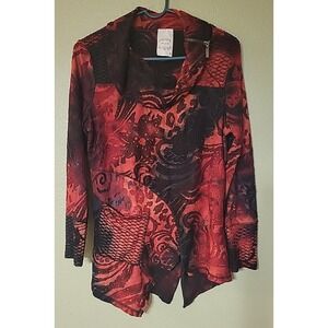 Flew De Lis Shirt‎ Womens M Burnout Velvet Red Black Uneven Hem Witchy Artistic